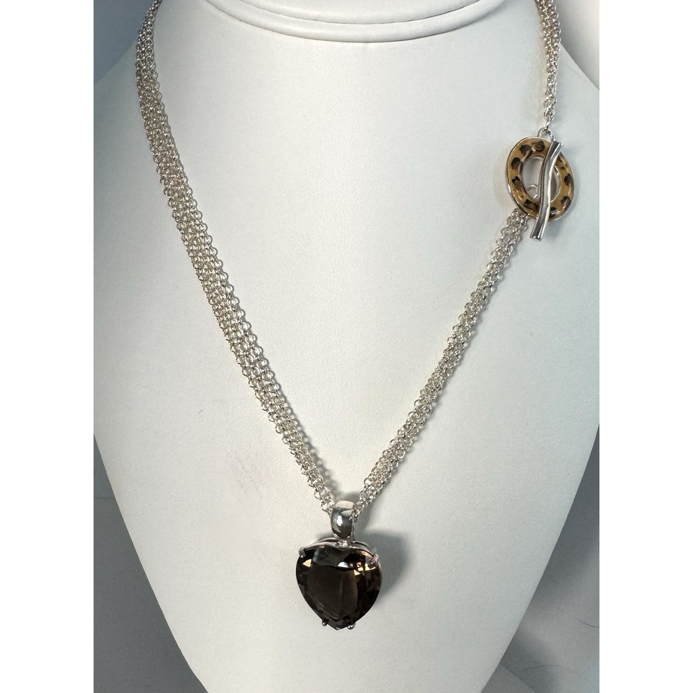 David Sigal Necklace 925 Sterling Silver Smoky Quartz Heart Toggle Leopard